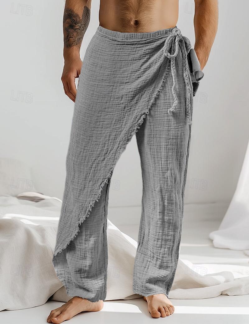 Men's Linen Pants Trousers Summer Pants Drawstring Elastic Waist Straight Leg Plain Comfort Breathable Full Length Casual Daily Holiday Fashion Classic Style White Brown