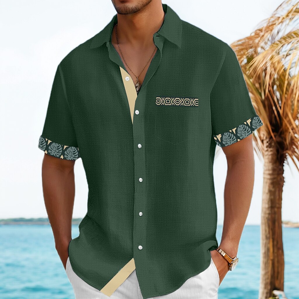 Men's Shirt Linen Shirt Summer Shirt Beach Shirt Plaid Vacation Holiday Black Navy Blue Green Khaki Short Sleeve Collar Summer Clothing Apparel