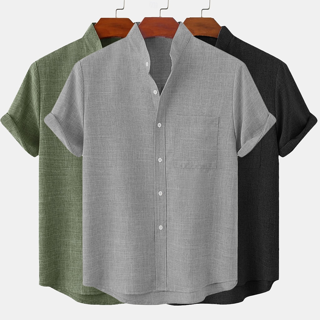 3-Pack Men's Linen Shirt Summer Shirt Casual Shirt Band Collar Shirt Plain Casual Beach Black+Gray+Green Black+White+Gray black+white+green black+khaki+green Short Sleeve Stand Collar Spring & Summer Summer