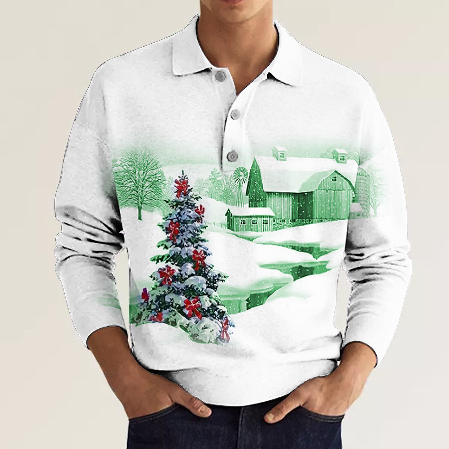 Men's Christmas Scene 3D Polo Golf Tree Graphic Prints House Turndown Yellow Blue Purple Green Gray 3D Print Street Long Sleeve Print Button-Down Clothing Apparel Fashion Designer Casual