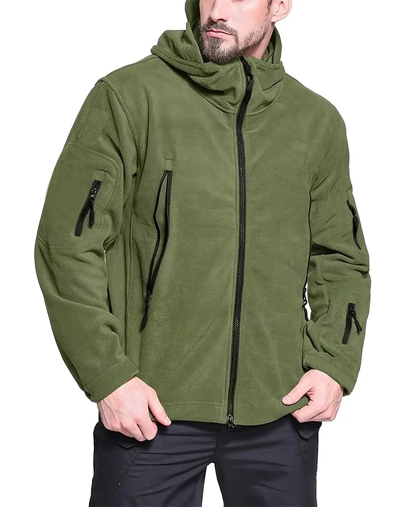 Men's Fleece Jacket Military Jacket Tactical Jacket Daily Vacation Thermal Warm Pocket Fleece Fall & Winter Plain Fashion Streetwear Hooded Regular Black Khaki Army Green Gray Jacket