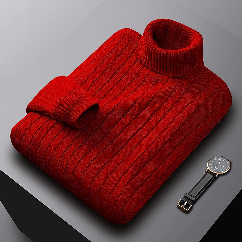Men's Sweater Pullover Ribbed Cable Knit Cropped Knitted Solid Color Turtleneck Keep Warm Modern Contemporary Work Daily Wear Clothing Apparel Fall & Winter Camel Wine M L XL