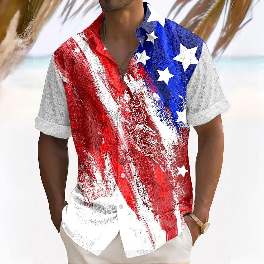 American Independence Day Men's American Flag National Flag Button Up Shirt Short Sleeve Hawaiian Casual Resort Outdoor Casual Holiday Summer Spring Turndown Print White Red