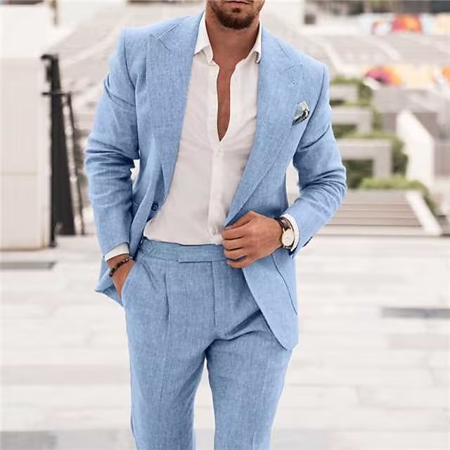 Men's Beach Wedding Summer Solid Colored Tailored Fit Single Breasted One-button 2024 Champagne Linen Suits