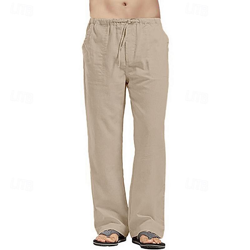 Men's Linen Pants Trousers Summer Pants Beach Pants Pocket Drawstring Elastic Waistband Plain Comfort Breathable Full Length Daily Streetwear Fashion Casual / Sporty Loose Fit Dark Khaki Black