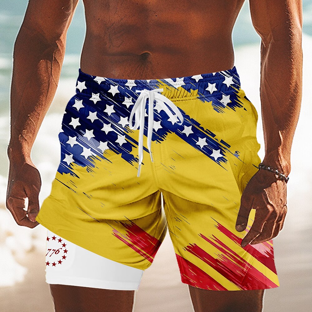 Independence Day Men's US Flag Patriotic Fourth of July Lined Shorts 2 in 1 Board Shorts Swim Shorts Mid Waist Holiday Side Pockets With Compression Liner Elastic Drawstring Waist Designer Clothing