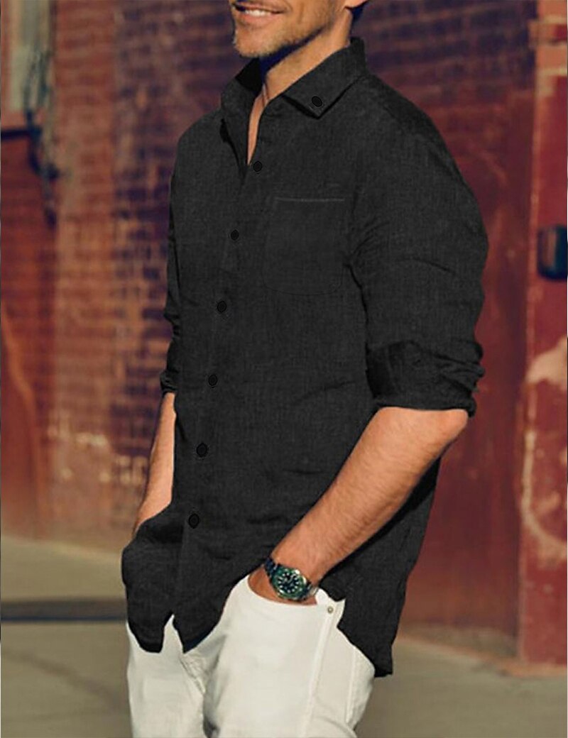 Men's Shirt Linen Shirt Summer Shirt Beach Wear Button Up Shirt Plain Vacation Casual Black White Blue Brown Long Sleeve Button Down Collar Spring & Summer Clothing Apparel