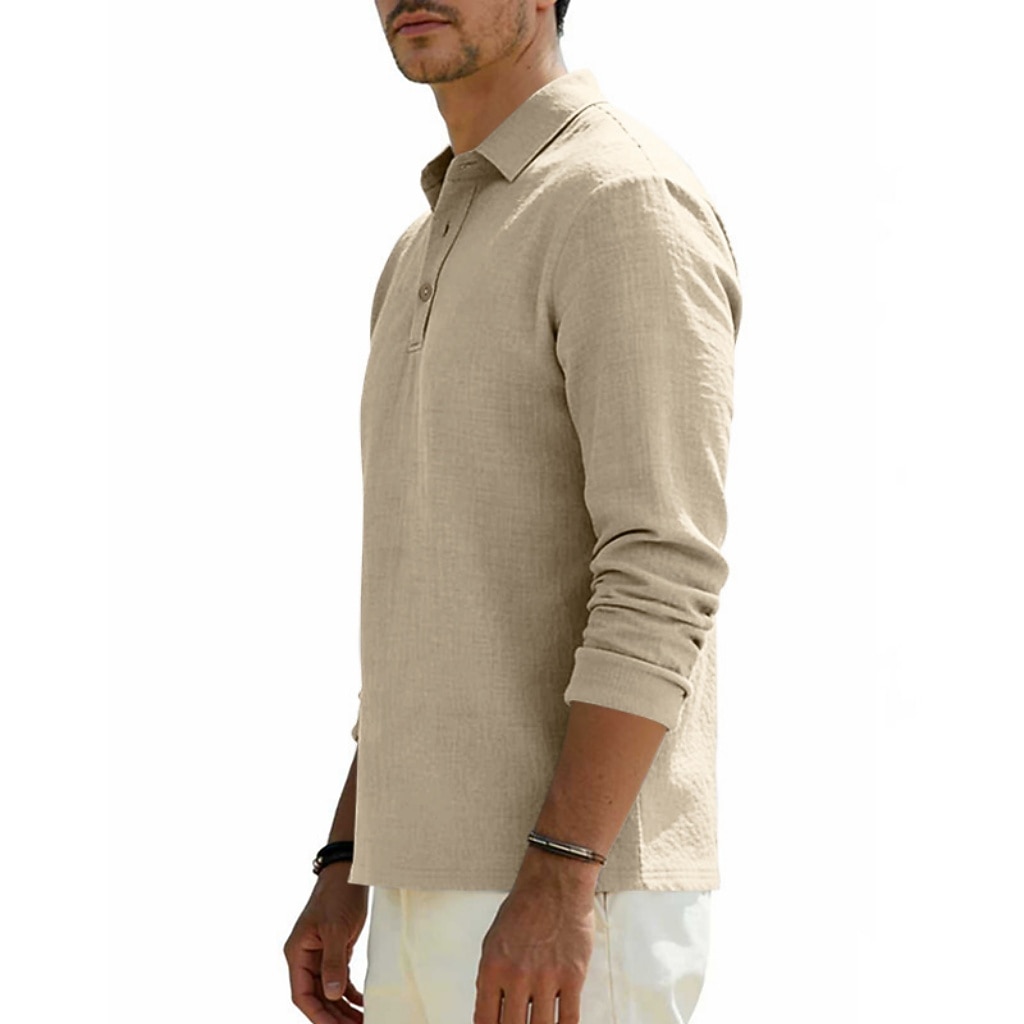 Men's Linen Shirt Polo Shirts Casual Street Lapel Long Sleeve Basic Modern Plain Buttons Spring Fall Regular Fit Black White Navy Blue Khaki Dark Grey Army Green Linen Shirt