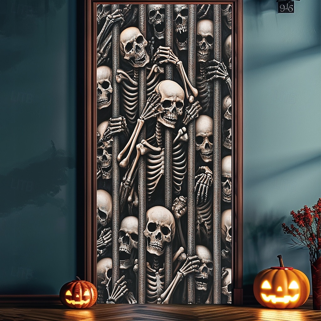 Halloween Window Cover Decorations, Fabric Skull Out of Fire Halloween Curtain Poster Window Door Covering Decor for Haunted House, Scary Halloween Window Clings Decals Indoor Outdoor