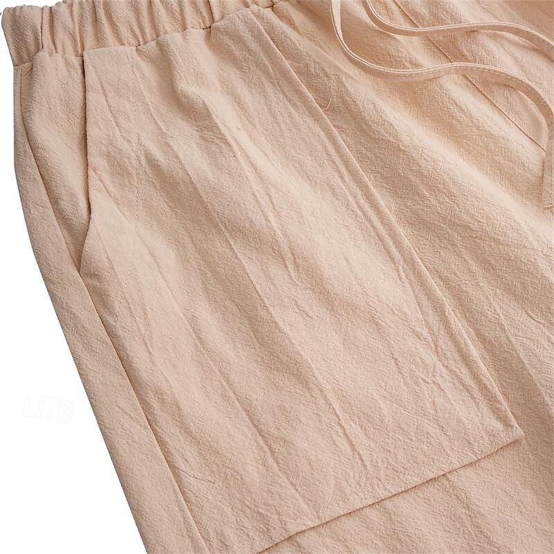 Men's Linen Pants Trousers Summer Pants Beach Pants Pocket Drawstring Elastic Waistband Plain Comfort Breathable Full Length Daily Streetwear Fashion Casual / Sporty Loose Fit Dark Khaki Black