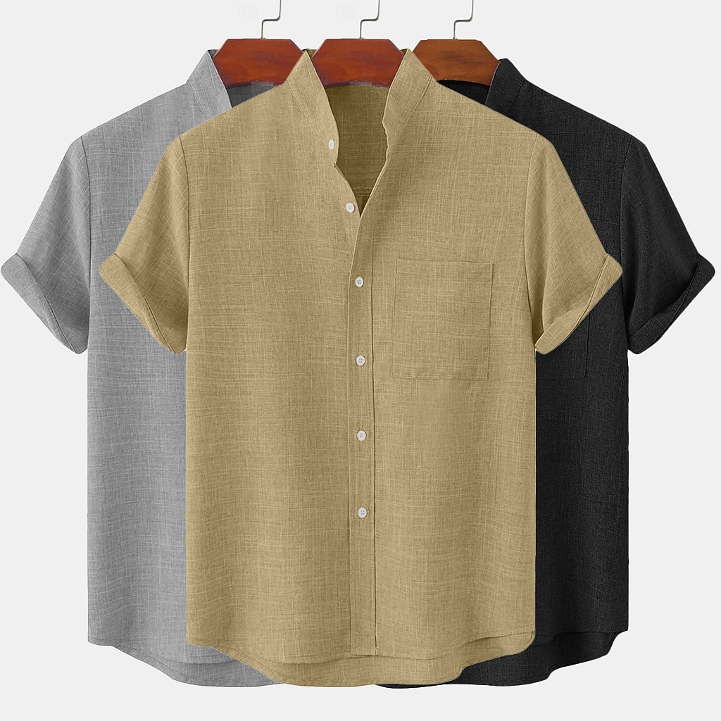 3-Pack Men's Linen Shirt Summer Shirt Casual Shirt Band Collar Shirt Plain Casual Beach Black+Gray+Green Black+White+Gray black+white+green black+khaki+green Short Sleeve Stand Collar Spring & Summer Summer