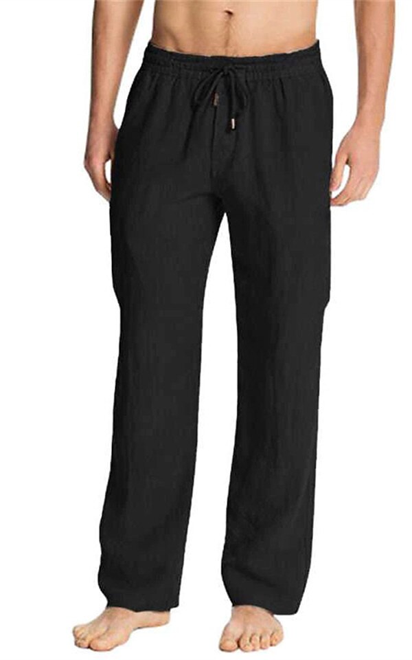 Men's Linen Pants Trousers Summer Pants Beach Pants Pocket Drawstring Plain Breathable Lightweight Full Length Casual Beach Yoga Basic Loose Fit ArmyGreen Black Micro-elastic