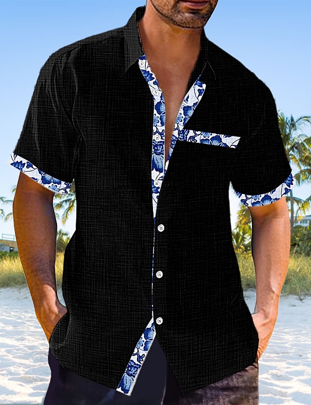 Men's Linen Shirt Casual Shirt Summer Shirt Beach Shirt Black White Pink Short Sleeve Plain Lapel Spring & Summer Hawaiian Holiday Clothing Apparel Front Pocket