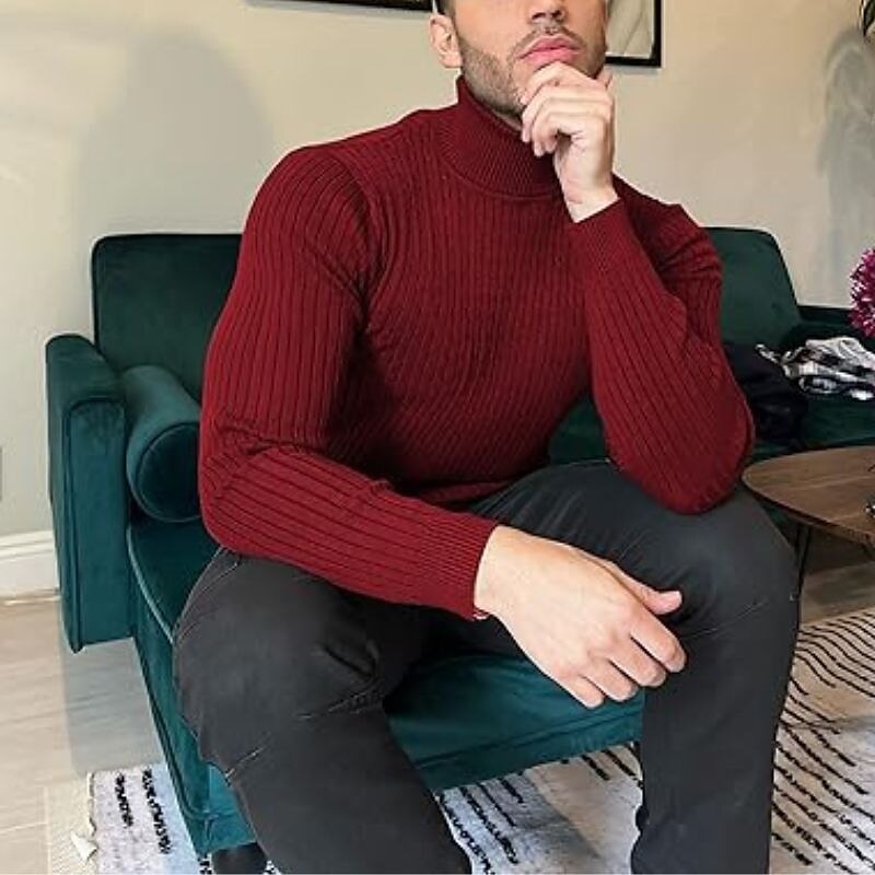 Men's Sweater Pullover Ribbed Cable Knit Cropped Knitted Solid Color Turtleneck Keep Warm Modern Contemporary Work Daily Wear Clothing Apparel Fall & Winter Camel Wine M L XL