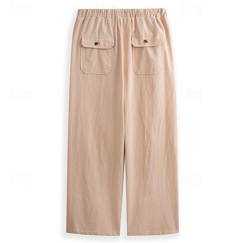Men's Linen Pants Trousers Summer Pants Beach Pants Pocket Drawstring Elastic Waistband Plain Comfort Breathable Full Length Daily Streetwear Fashion Casual / Sporty Loose Fit Dark Khaki Black