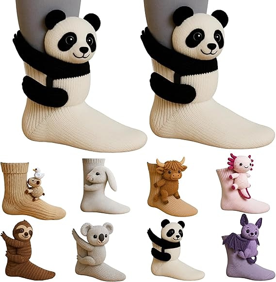 3D Knit Animal Socks, Funny Animal Socks Hand Crocheted, Winter Cotton Crew Socks, Fun & Adorable Christmas Gifts for Girls & Women