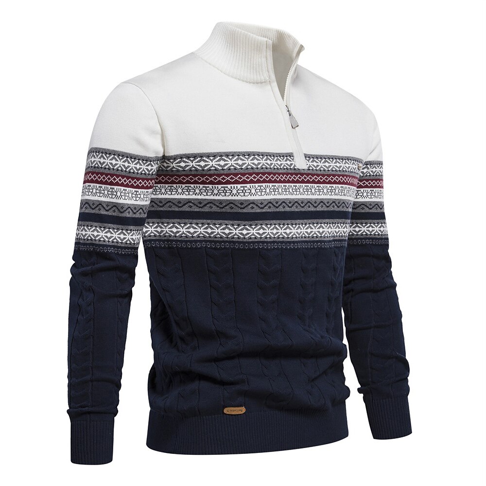 Men's Pullover Sweater Jumper Ribbed Knit Standing Collar Clothing Apparel Bishop Sleeve Spring &  Fall White Navy Blue S M L