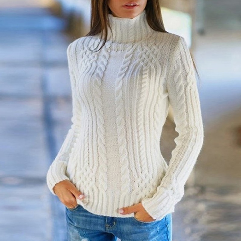 Women's Turtleneck Cable Knit Acrylic Knitted Fall Winter Cropped Outdoor Daily Holiday Stylish Casual Soft Long Sleeve Solid Color Pullover Sweater