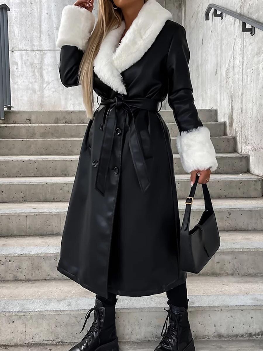 Women's Faux Leather Trench Coat Winter Fleece Long Coat