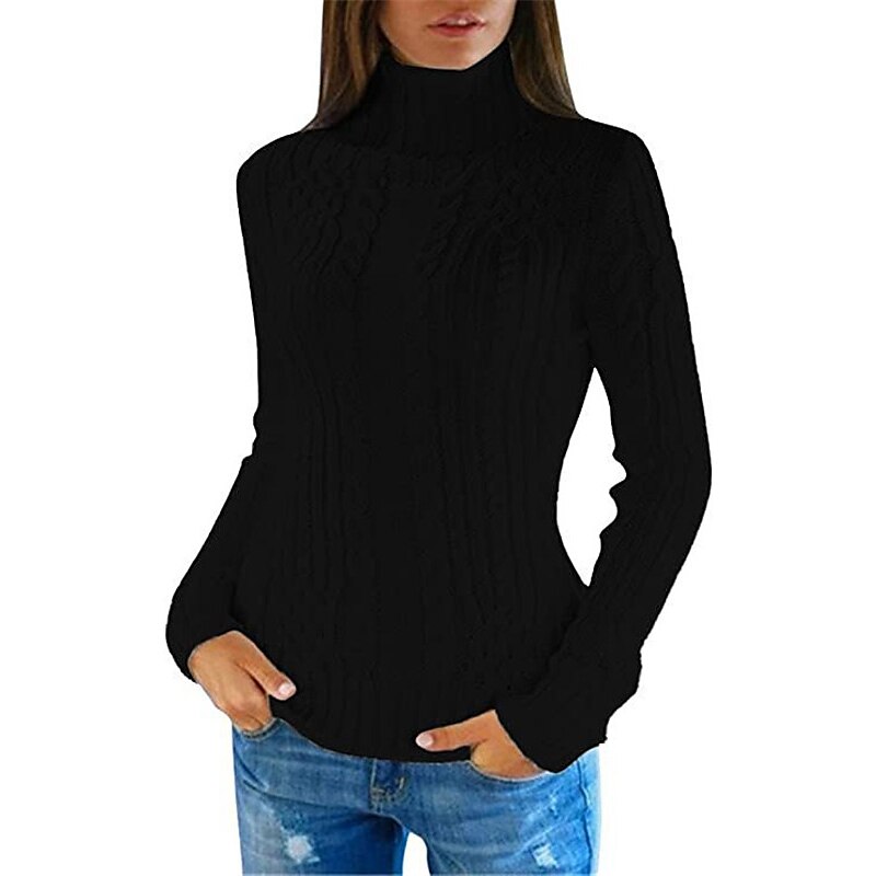 Women's Turtleneck Cable Knit Acrylic Knitted Fall Winter Cropped Outdoor Daily Holiday Stylish Casual Soft Long Sleeve Solid Color Pullover Sweater