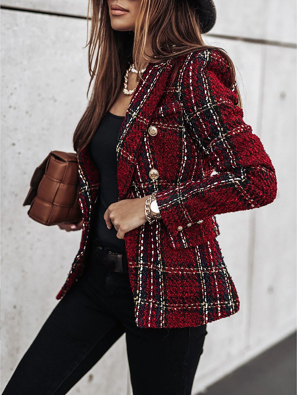 Shepicker Women's Blazer Tweed Maillard Plaid Coat