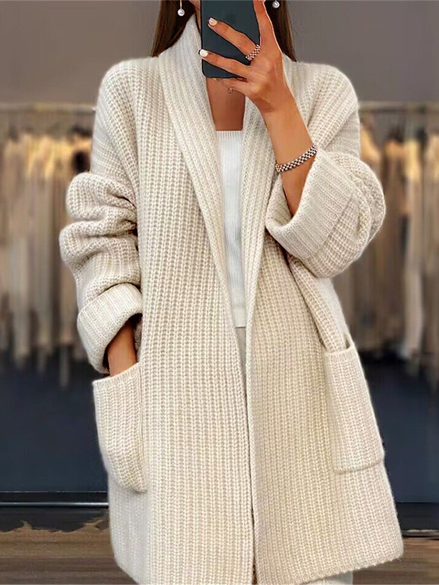 Women's Open Front Ribbed Knit Acrylic Pocket Fall Winter Long Valentine's Day Daily Going out Stylish Casual Soft Long Sleeve Solid Color Cardigan Sweater