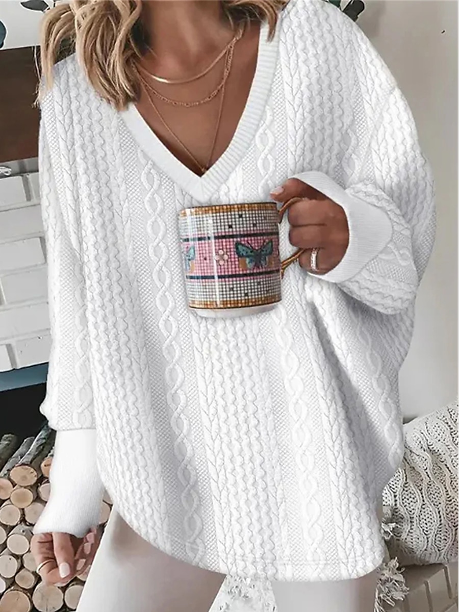 Women's V Neck Ribbed Knit Polyester Oversized Fall Winter Outdoor Daily Going out Stylish Casual Soft Long Sleeve Solid Color  Pullover Sweater