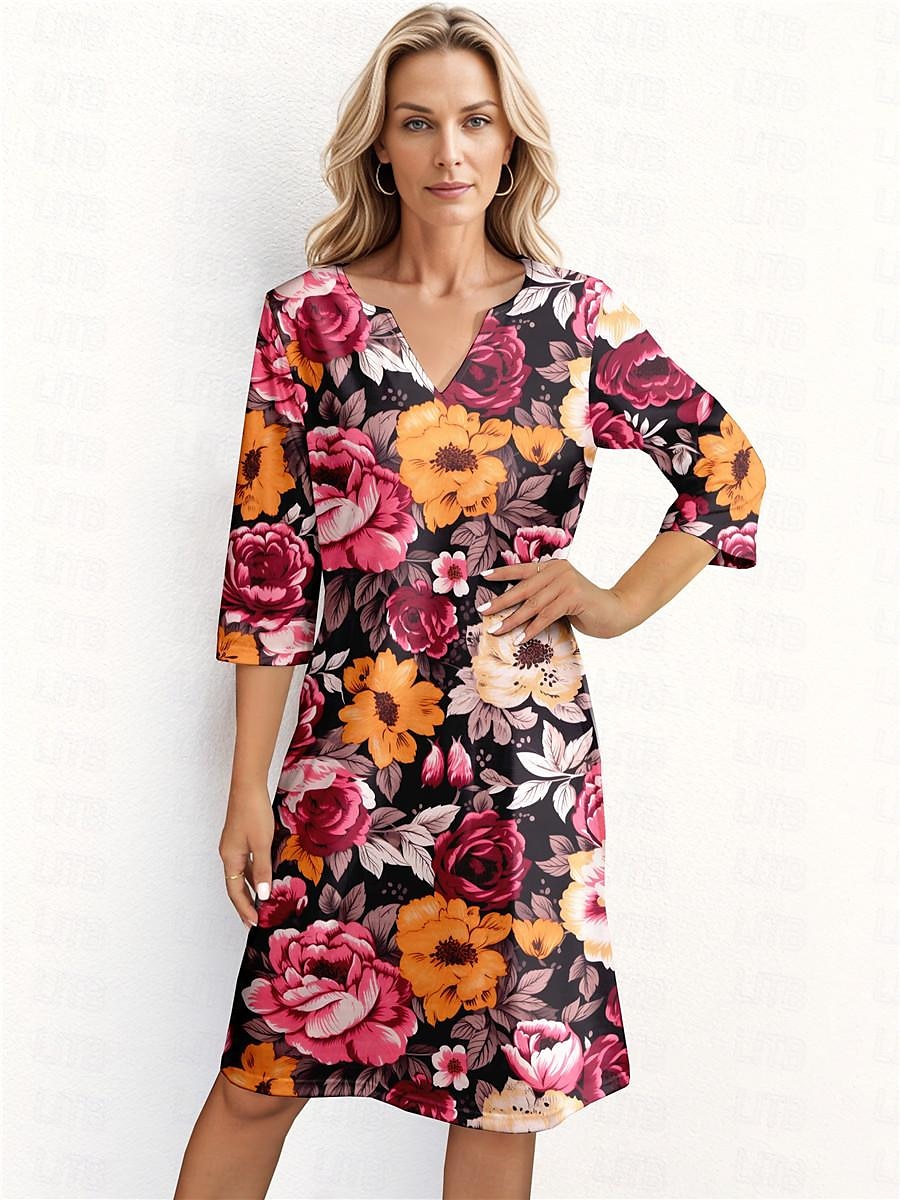 Women's Spring Floral Print Split Neck Streetwear Street Date Half Sleeve Regular Fit Summer Spring Casual Dress
