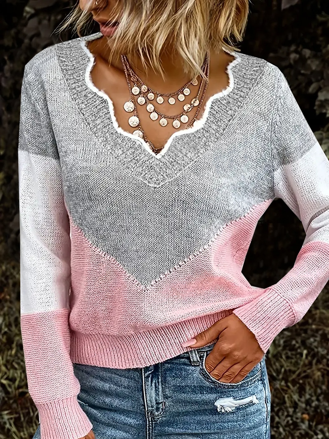 Women's V Neck Crochet Knit Cotton Blend Oversized Fall Winter Regular Daily Weekend Casual Long Sleeve Solid Color Pullover Sweater