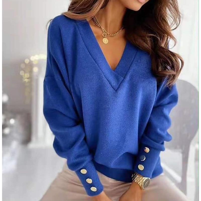 Women's Jumper Knitted Button Solid Color Basic Elegant Casual Long Sleeve Regular Fit V Neck Fall Winter  / Going out / Work Pullover Sweater