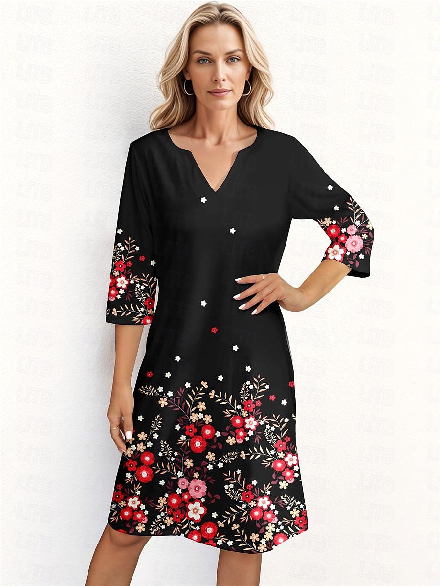 Women's Spring Floral Print Split Neck Streetwear Date Half Sleeve Regular Fit Summer Spring Casual Dress