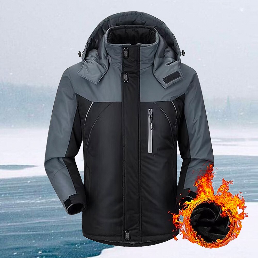 Men's Waterproof Hiking Raincoat Winter Patchwork Thermal Warm Fleece Lining Windproof Outerwear Full Length Hidden Zipper Jacket
