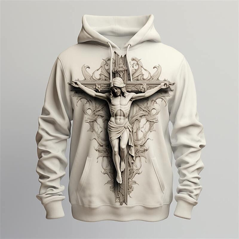 Mens Easter Crucifixion Of Jesus Graphic Cross Faith Fashion Daily Basic 3D Print Sports Outdoor Holiday Vacation Beige Hooded Front Pocket Spring Religious White Cotton Hoodie