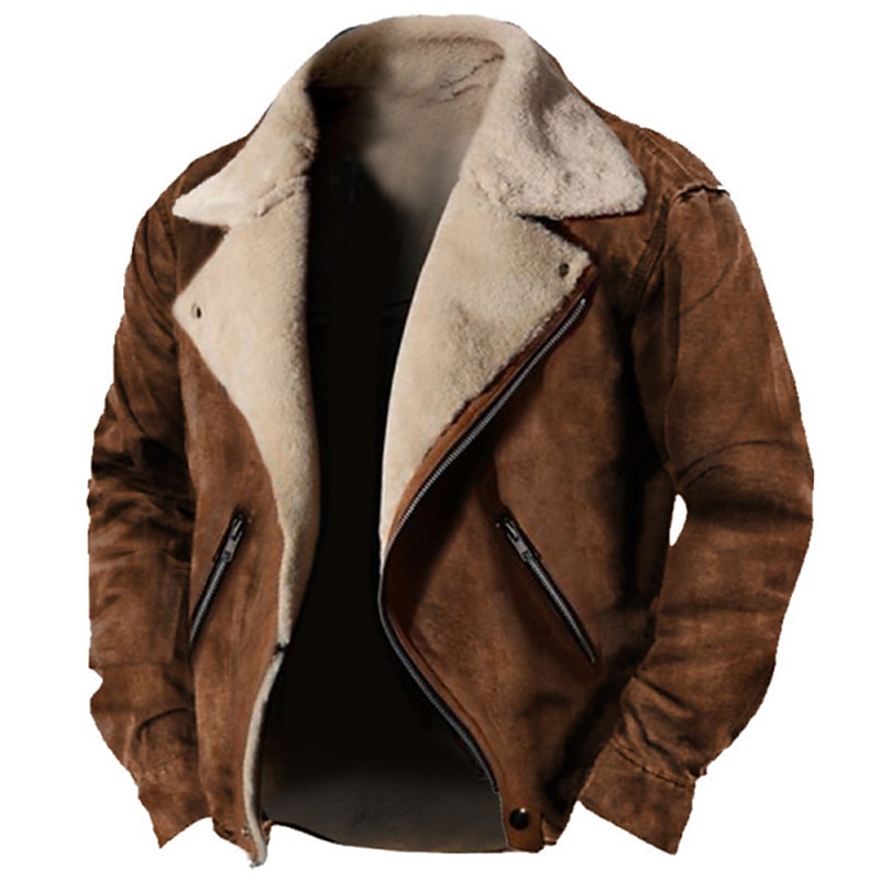 Men's Lightweight Fleece Suede Outdoor Daily Wear Warm Pocket Streetwear Lapel Regular Leather Jacket