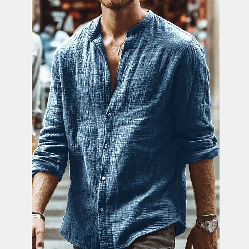Men's Linen Shirt Shirt Summer Shirt Beach Shirt White Blue Brown Long Sleeve Solid Color Henley Spring Fall Outdoor Street Clothing Apparel Button-Down