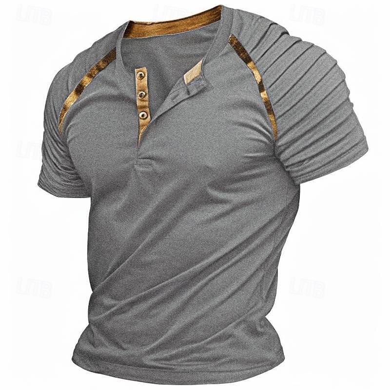 Men's Henley Shirt Raglan T Shirt Plain Slim Pleated Henley Outdoor Daily Short Sleeve Patchwork Pleats Clothing Apparel Fashion Designer Casual
