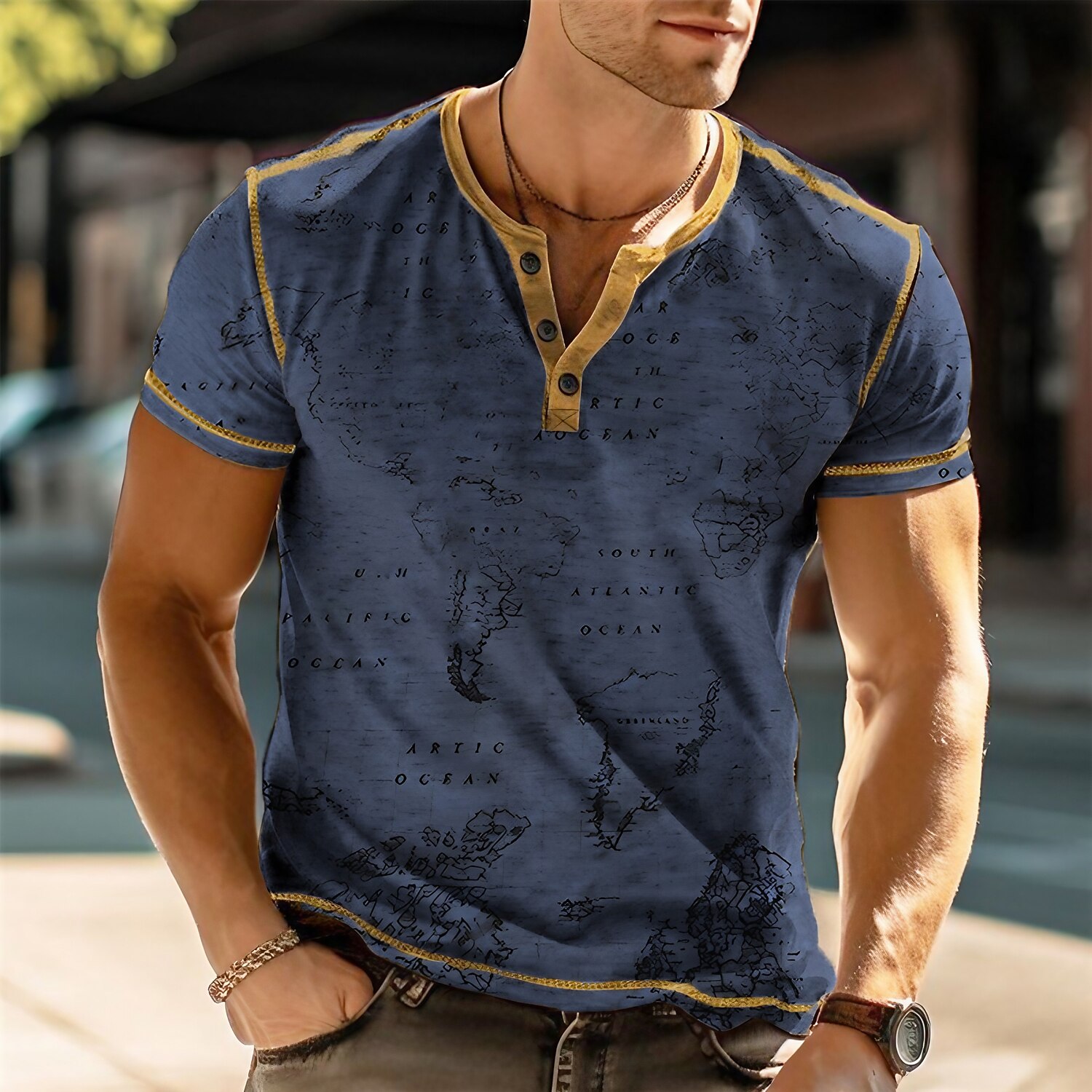 Men's Graphic Map Clothing Apparel 3D Print Outdoor Daily Short Sleeve Button-Down Fashion Designer Comfortable Henley T-Shirt