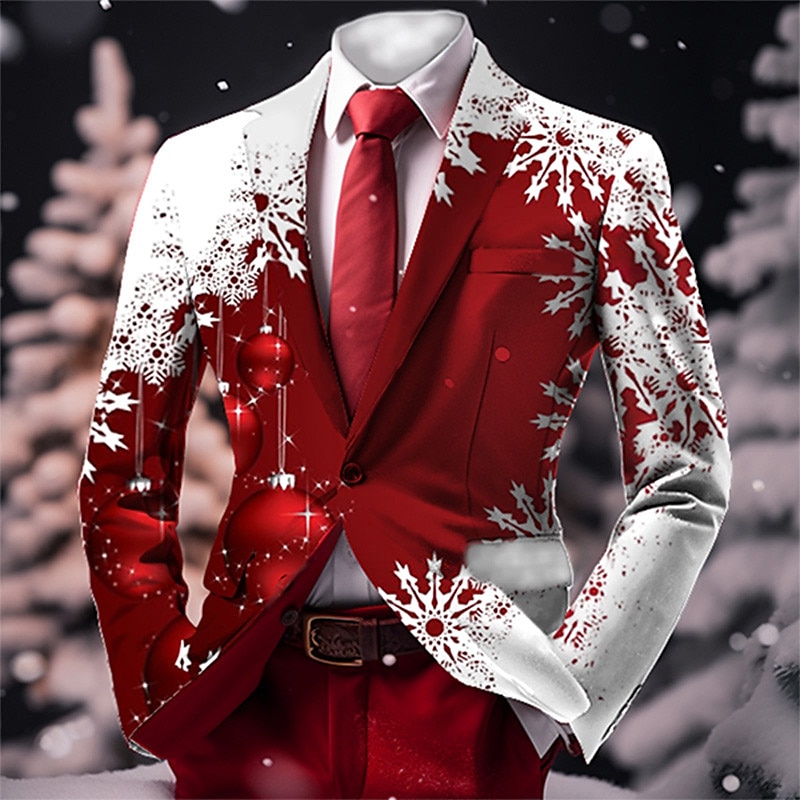 Christmas Men's Christmas Scene Print Blazers Snowflake Business Coat Blazer Warm Breathable Comfortable Button Print Multi Pocket Regular Fit Fall & Winter Turndown Long Sleeve 