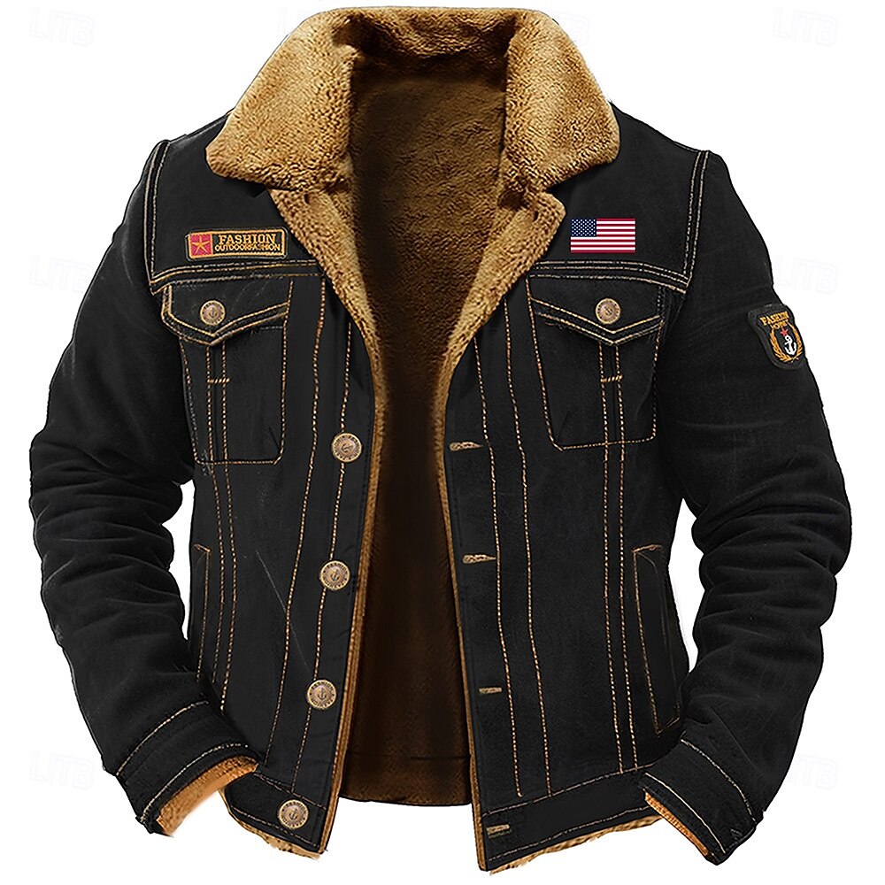 Men's Embroidered Fleece Jacket Cargo Jacket merican US Flag Print Turndown Collar Long Sleeve Military Tactical Jacket Vintage Thermal Warm Winter Outwear Multiple Pockets Button Front Cotton Coat