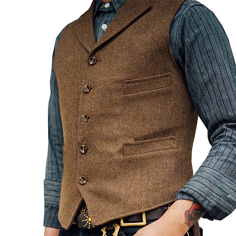 Men's Wedding Event / Party Holiday Fall Pocket Polyester Breathable Single Breasted V Neck Regular Fit Vest Waistcoat