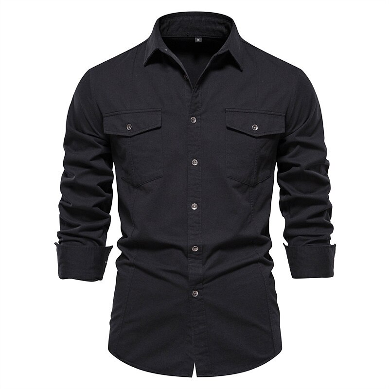 Men's Button Up Casual Long Sleeve Plain Lapel Daily Vacation Front Pocket Shirt