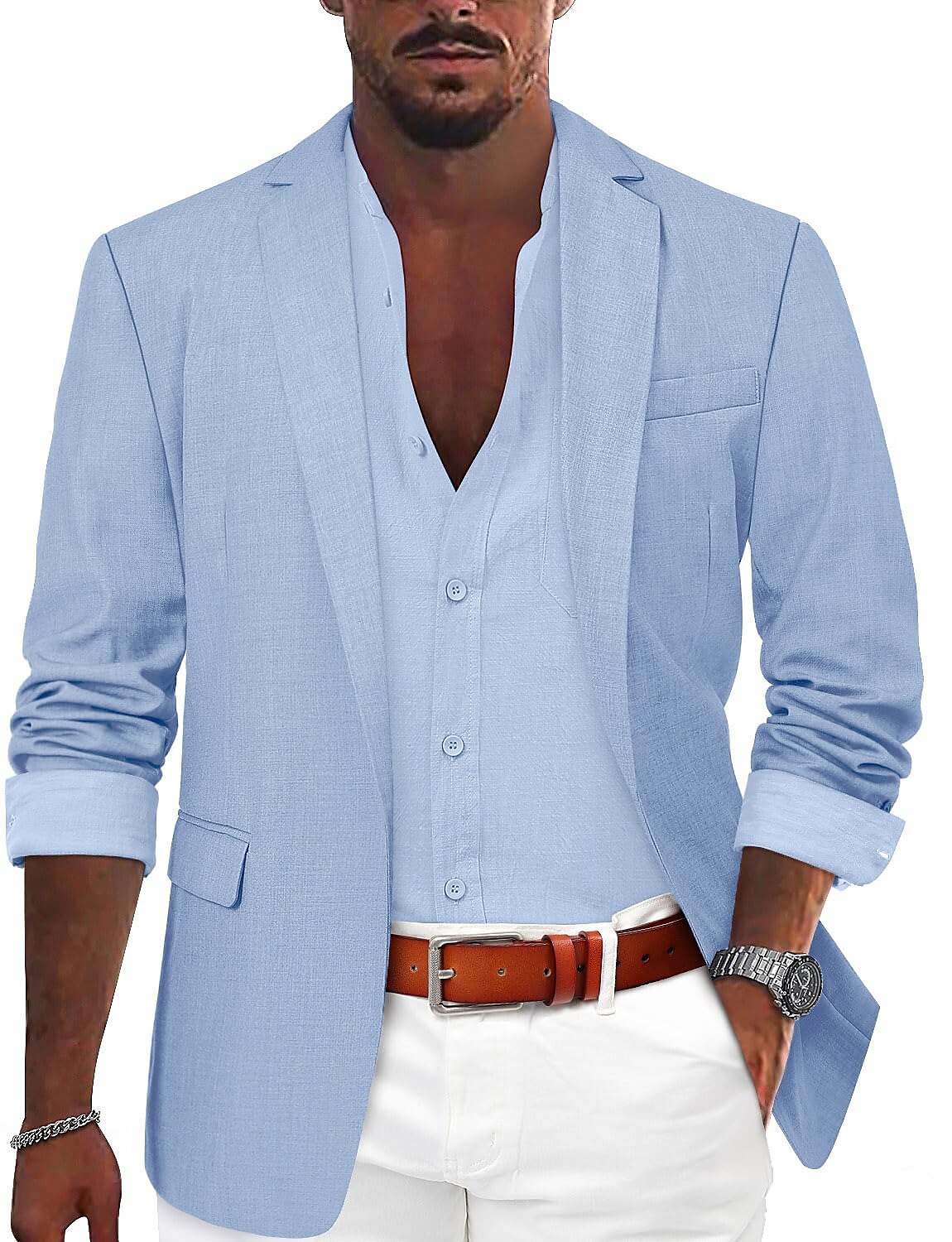 Men's Sport Coat Linen Blazer Fashion Casual Solid Colored Linen Blazer ArmyGreen Black Blue Tailored Fit Single Breasted One-button
