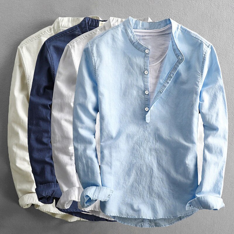 Men's Popover Shirt Casual Shirt Summer Shirt White Dark Blue Light Sky Blue Long Sleeve Plain Collar Spring & Summer Casual Daily Clothing Apparel