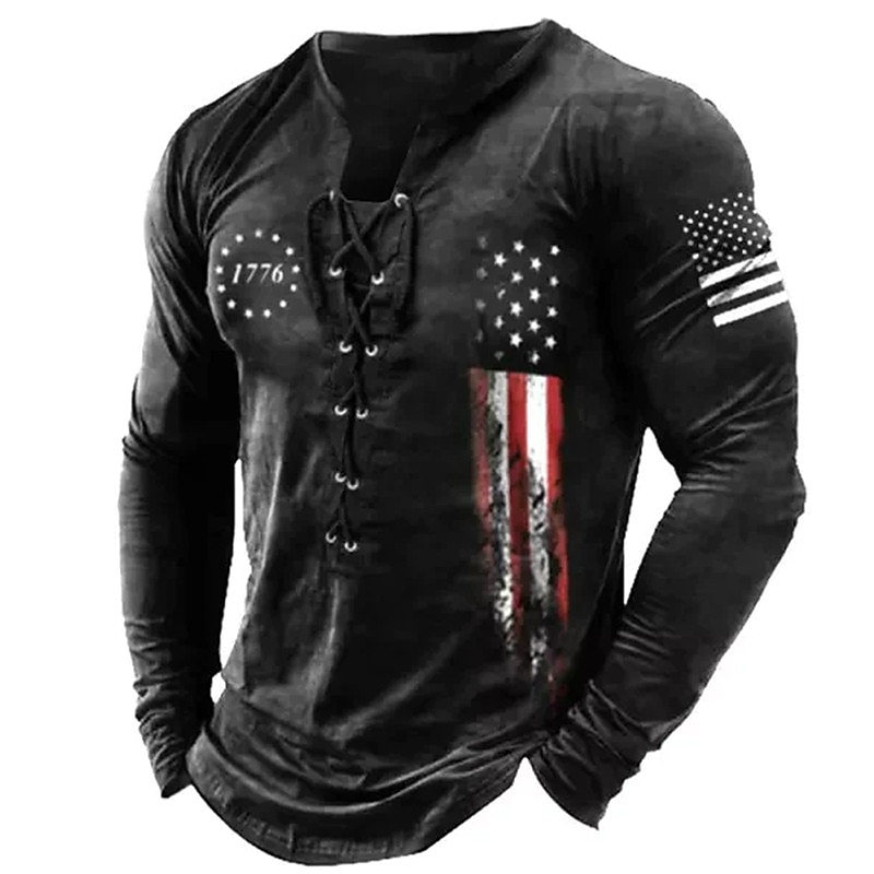 Men's Graphic National Flag Collar 3D Print Long Sleeve Lace up Comfortable T-shirt