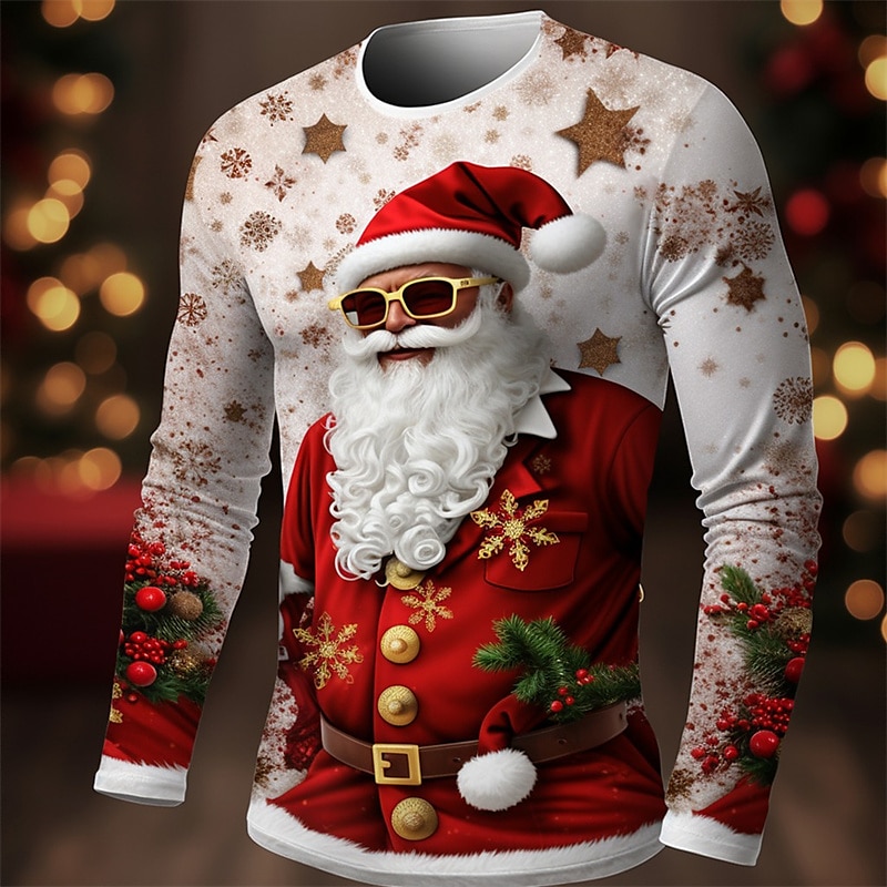 Men's 3D Christmas Print Graphic Santa Claus Fashion Designer Long Sleeve Crew Neck T-shirt