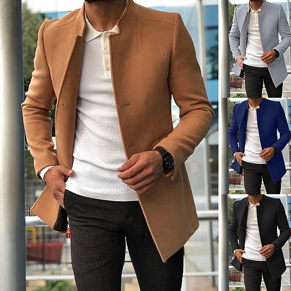 Men's Winter Overcoat Business Spring Fall Polyester Streetwear Solid Color Patchwork Stand Collar Single Breasted Coat