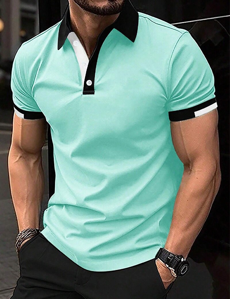 Men's Button Up Polos Golf Shirt Casual Holiday Ribbed Polo Collar Short Sleeve Fashion Basic Solid Color Patchwork Summer Regular Fit Black White Red Blue Brown Green Button Up Polos