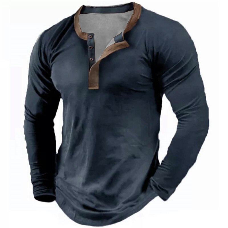 Men's Plus Size Casual Sports Long Sleeve Button-Down Comfortable Henley T-Shirt