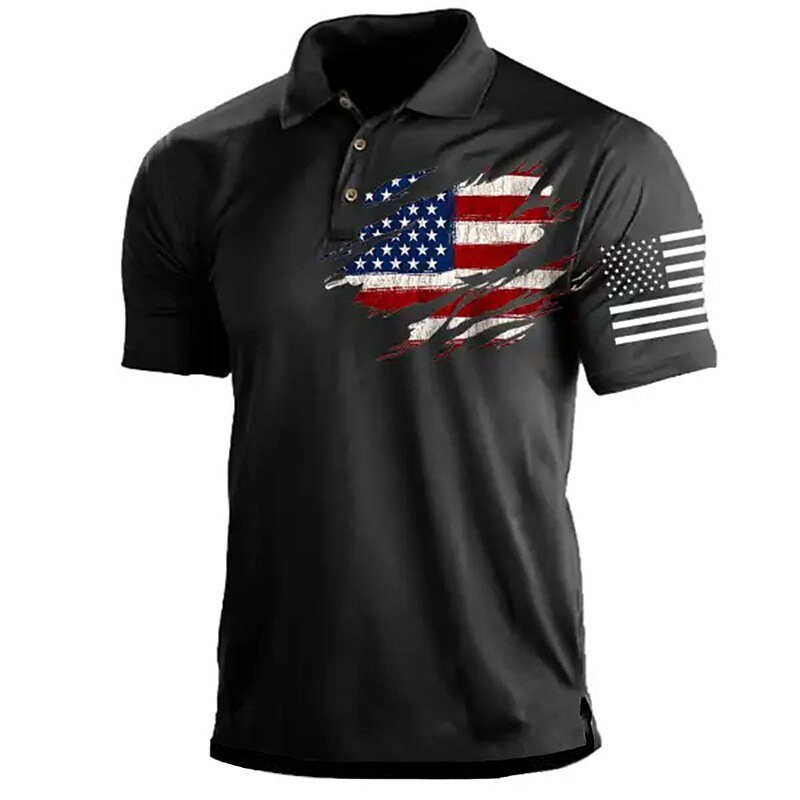 Men's Polo Shirt Lapel Polo Button Up Polos Golf Shirt Graphic Prints American Flag Turndown Black Red Navy Blue Green Khaki Outdoor Street Short Sleeves Print Clothing Apparel Sports Fashion