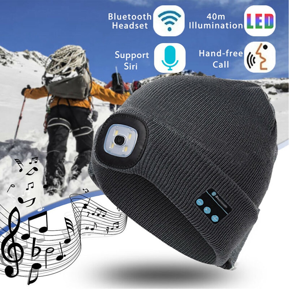 Bluetooth Beanie Hat with Lights Microphones Rechargeable Headlamp Cap